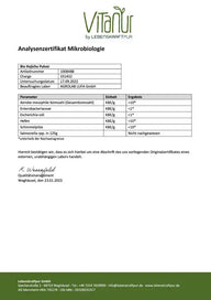Analysenzertifikat Mikrobiologie für Bio Hojicha Pulver von Vitanu mit Laborwerten auf Weiß.
