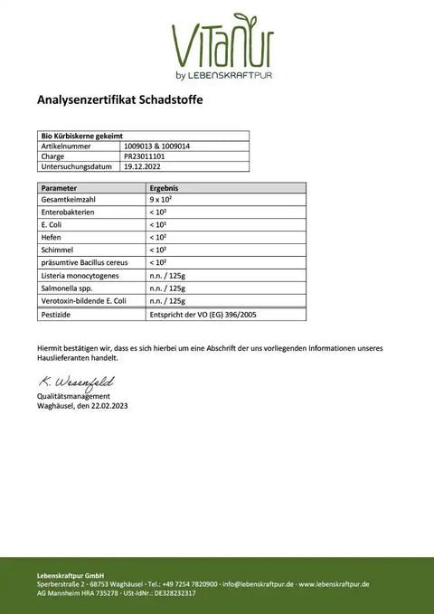 Analysenzertifikat Schadstoffe für Bio Kürbiskerne gekeimt von Vitanu, Laborbericht mit Ergebnistabelle.