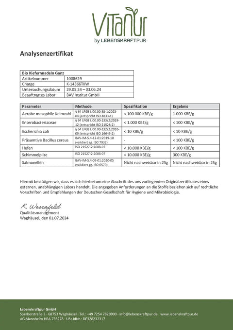 Analysenzertifikat für Bio Kiefernnadeln Ganz von Lebenskraftpur mit Prüfdaten und Laborergebnissen
