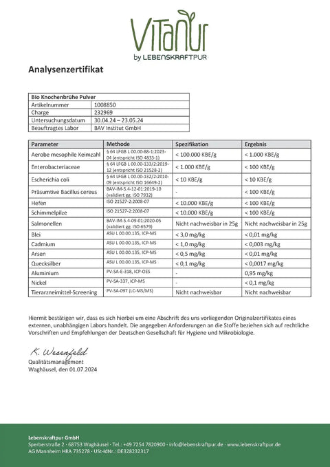 Analysenzertifikat Bio Knochenbrühe Pulver mit Laborwerten Schadstoffe und Keime, VitaNur Logo