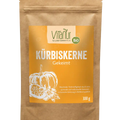 Vitanur Bio Kürbiskerne Gekeimt 300g braune Tüte, orange Etikett mit Kürbis Illustration