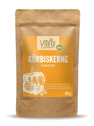 Vitanur Bio Kürbiskerne Gekeimt 300g braune Tüte, orange Etikett mit Kürbis Illustration
