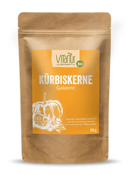 Vitanur Bio Kürbiskerne Gekeimt 700g braune Verpackung mit Kürbis-Illustration