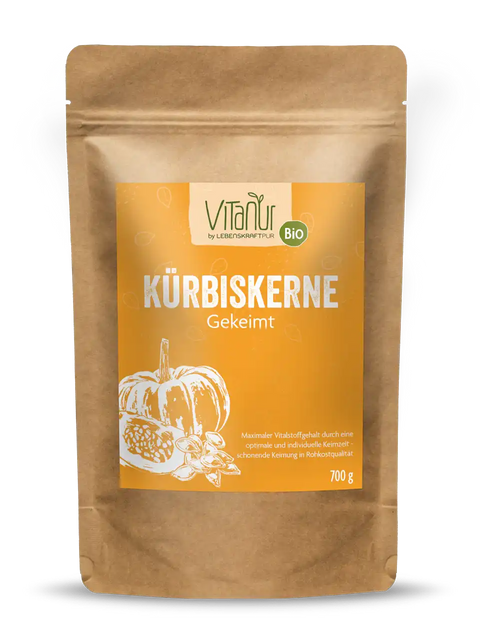 Vitanur Bio Kürbiskerne Gekeimt 700g braune Verpackung mit Kürbis-Illustration