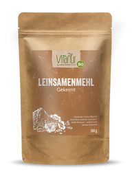 Vitanur Bio Leinsamenmehl gekeimt 500g in brauner Papierverpackung, Produktfoto