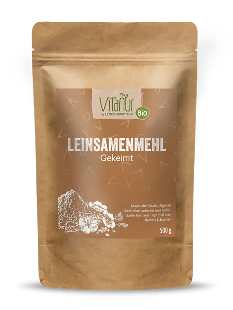 Vitanur Bio Leinsamenmehl gekeimt 500g in brauner Papierverpackung, Produktfoto