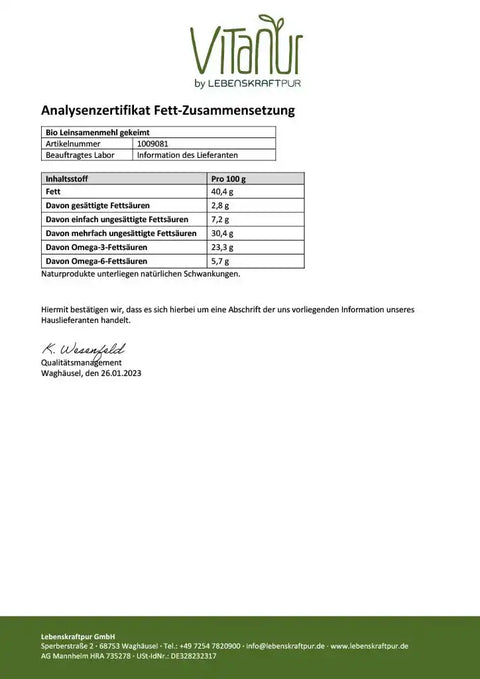 Analysenzertifikat zur Fett-Zusammensetzung von Bio Leinsamenmehl gekeimt mit Nährwerttabelle.
