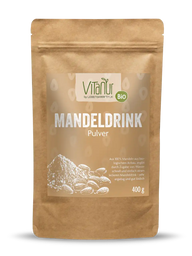 Bio Mandeldrink Pulver 400g Vitanur in brauner Papiertüte, Mandeln Illustration, Produktfoto