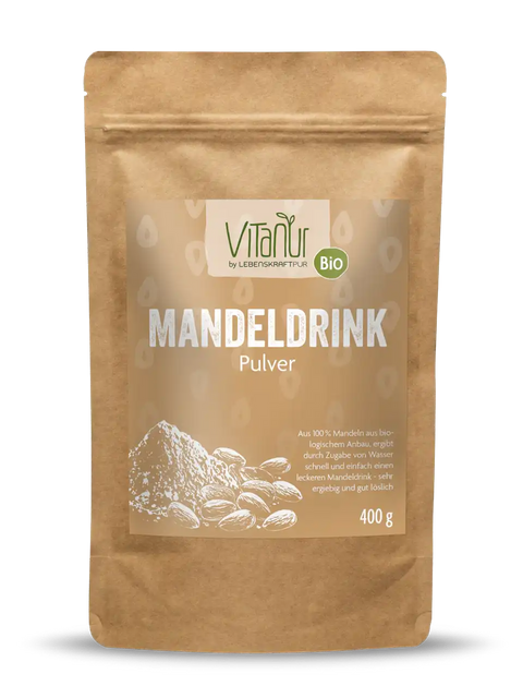 Bio Mandeldrink Pulver 400g Vitanur in brauner Papiertüte, Mandeln Illustration, Produktfoto