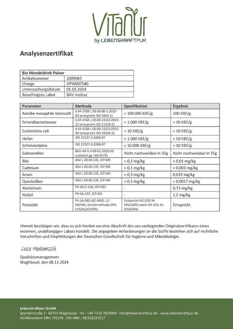Analysenzertifikat Bio Mandeldrink Pulver, Schadstoffanalyse, Laborergebnisse, lebensmittel