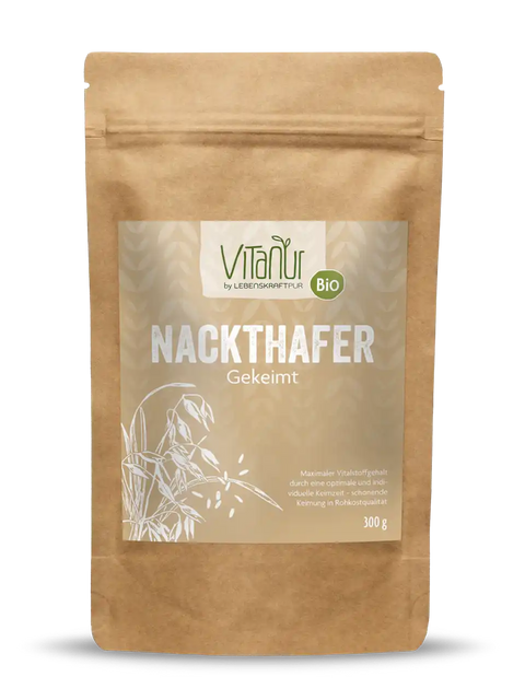 Bio Nackthafer gekeimt 300g Vitanur braune Verpackung mit Getreidegrafik