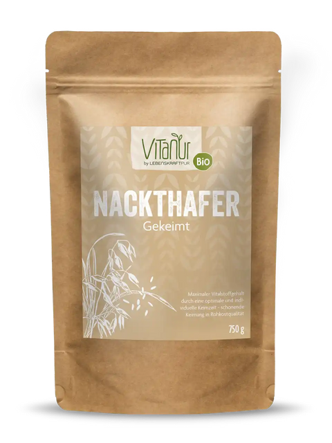 Vitanur Bio Nackthafer gekeimt 750g braune Verpackung, Produktfoto, Superfood