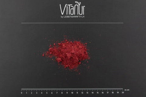 Rotes Beerenkraft Pulver von VitaNur auf schwarzem Hintergrund mit cm-Skala
