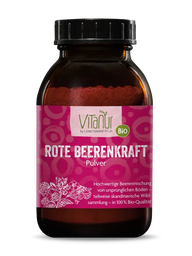 Braunes Glas mit Vitanur Bio Rote Beerenkraft Pulver, pinkes Etikett, 170g