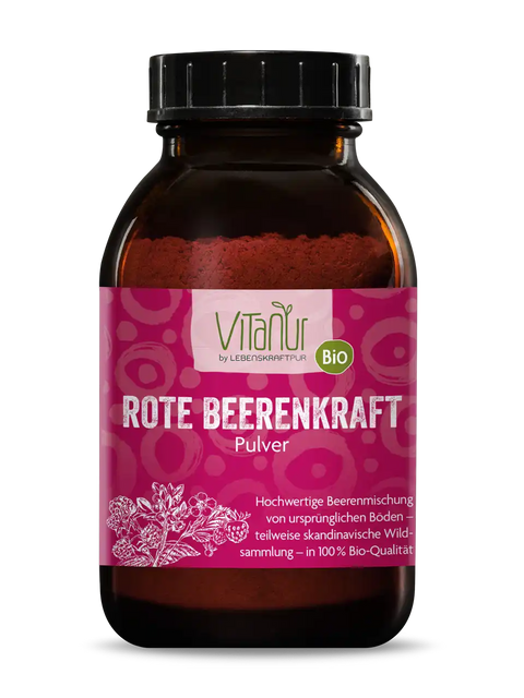 Braunes Glas mit Vitanur Bio Rote Beerenkraft Pulver, pinkes Etikett, 170g