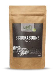 Vitanur Bio Schokabohne Ganz 150g, braune Verpackung mit Kakobohnen-Illustration
