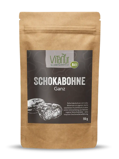 Vitanur Bio Schokabohne Ganz 150g, braune Verpackung mit Kakobohnen-Illustration