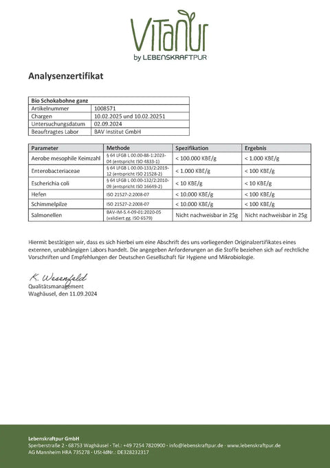 Analysenzertifikat Bio Schokobohne ganz, Laborwerte Schadstoffe, Vitanur, Lebenskraftpur