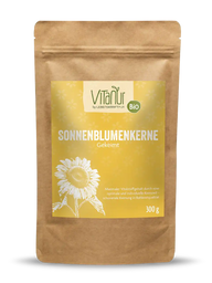 Vitanur Bio Sonnenblumenkerne Gekeimt 300g Verpackung mit gelbem Etikett und Sonnenblumenmotiv