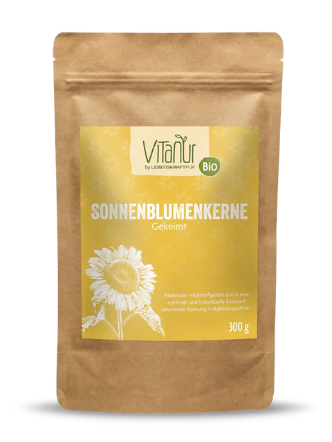 Vitanur Bio Sonnenblumenkerne Gekeimt 300g Verpackung mit gelbem Etikett und Sonnenblumenmotiv