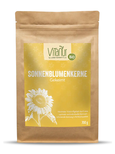 Bio Sonnenblumenkerne gekeimt 700g Vitanur braune Verpackung mit gelbem Etikett