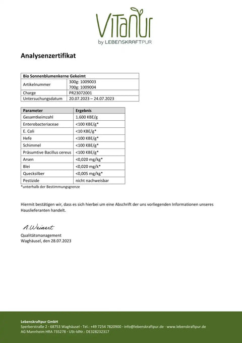 Analysezertifikat Bio Sonnenblumenkerne gekeimt mit Laborwerten, VitaNUR Logo, LebensKraftPur