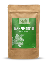 Vitanur Bio Tannennadeln Geschnitten 200g Beutel, grüne Verpackung mit Tannenzweig-Illustration
