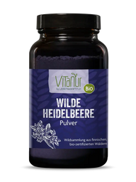 Vitanur Bio Wilde Heidelbeere Pulver 125g Glas mit lila Pulver und Beerenmotiv auf Etikett