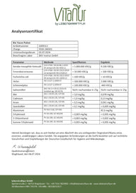 Analysenzertifikat Bio Yacon Pulver mit Prüfwerten zu Schadstoffen und mikrobiologischer Qualität