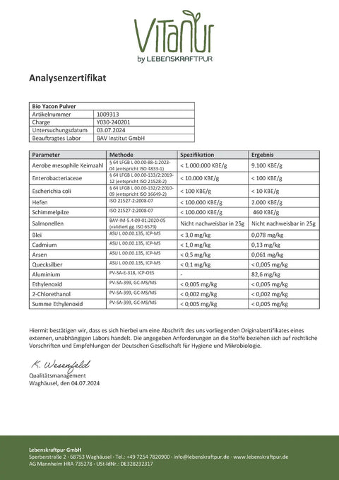 Analysenzertifikat Bio Yacon Pulver mit Prüfwerten zu Schadstoffen und mikrobiologischer Qualität
