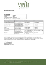 Analysenzertifikat Bio Yacon Sirup, Laborbericht mit Prüfdaten und LebensKraftPur Logo