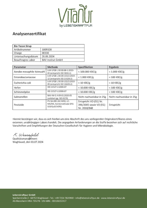 Analysenzertifikat Bio Yacon Sirup, Laborbericht mit Prüfdaten und LebensKraftPur Logo