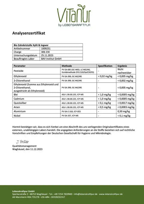 Analysenzertifikat für Bio Zahnkristalle Xylit Ingwer von Vitanur, Schadstoffwerte, Labor BAV