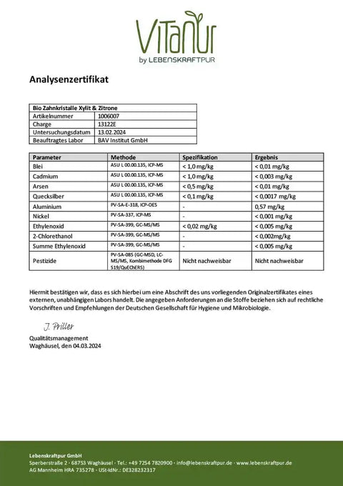 Analysenzertifikat für Bio Zahnkristalle Xylit & Zitrone mit Schadstoffanalyse und Laborwerten, VitaPur