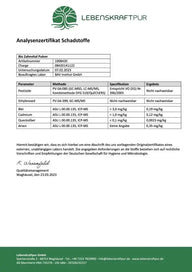 Analysenzertifikat Schadstoffe für Bio Zahnvital Pulver von Lebenskraftpur mit Laborwerten.