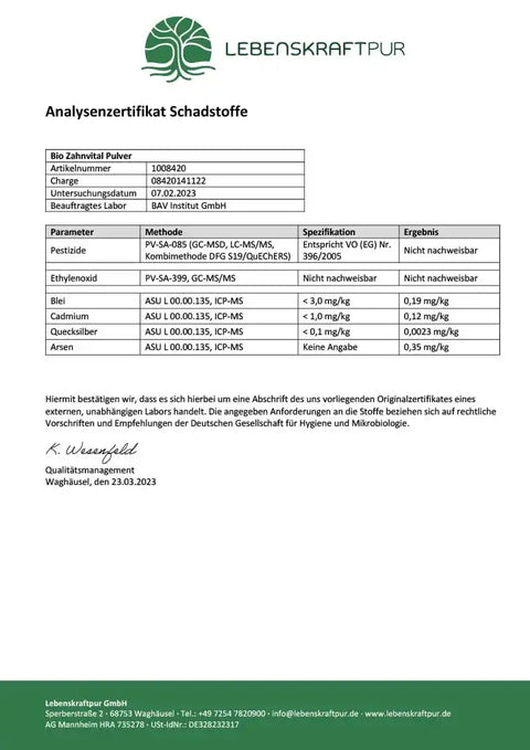 Analysenzertifikat Schadstoffe für Bio Zahnvital Pulver von Lebenskraftpur mit Laborwerten.