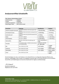 Analysezertifikat Schadstoffe für Bio schwarze Johannisbeere Pulver von Lebenskraftpur, Laborbericht mit Prüfergebnissen.