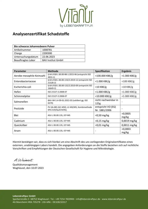 Analysezertifikat Schadstoffe für Bio schwarze Johannisbeere Pulver von Lebenskraftpur, Laborbericht mit Prüfergebnissen.