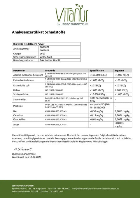 Analysenzertifikat Schadstoffe für Bio wilde Heidelbeere Pulver der Marke VitaNur, Laborergebnisse und Grenzwerte sichtbar.
