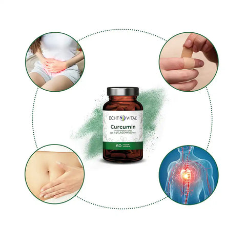 Curcumin Kapseln von ECHT VITAL, braunes Glas, umgeben von Gesundheitsmotiven