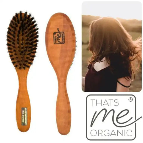 THATS ME ORGANIC Holzhaarbürste mit Wildschweinborsten, Produktfoto und Frau mit glänzendem Haar