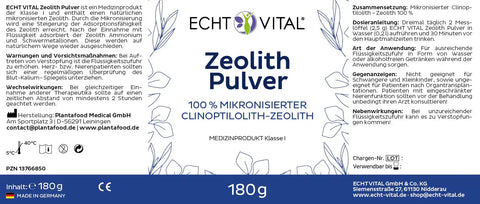 Echt Vital Zeolith Pulver Etikett, 180g, 100% mikronisierter Klinoptilolith-Zeolith, Medizinprodukt