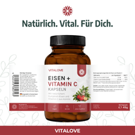 Vitalove Eisen und Vitamin C Kapseln mit Produktetikett und Nährwertangaben