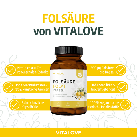 VITALOVE Folsäure aus Zitronenschalen-Extrakt, vegane Nahrungsergänzung, 180 Kapseln