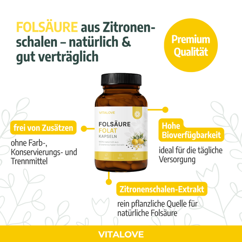 Vitalove Folsäure aus Zitronenschalen-Extrakt, braunes Glas, Premium Qualität