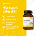 Vitalove Folsäure aus Zitronenschalen-Extrakt, gelbes Design, Braunglasflasche, Zitronenbild