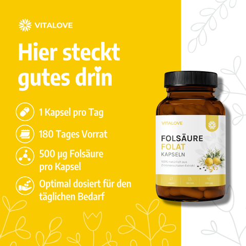 Vitalove Folsäure aus Zitronenschalen-Extrakt, gelbes Design, Braunglasflasche, Zitronenbild