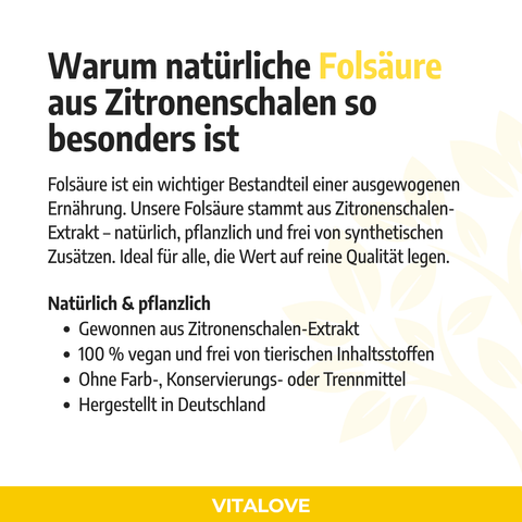 Infografik zu natürlicher Folsäure aus Zitronenschalen-Extrakt, VitaLove, vegan, ohne Zusatzstoffe