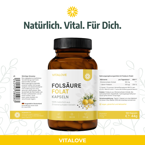 VITALOVE Folsäure Kapseln aus Zitronenschalen Extrakt, veganes Nahrungsergänzungsmittel, 180 Stück