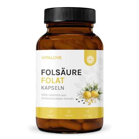VITALOVE Folsäure Kapseln aus Zitronenschalen Extrakt, vegane Nahrungsergänzung, 180 Stück